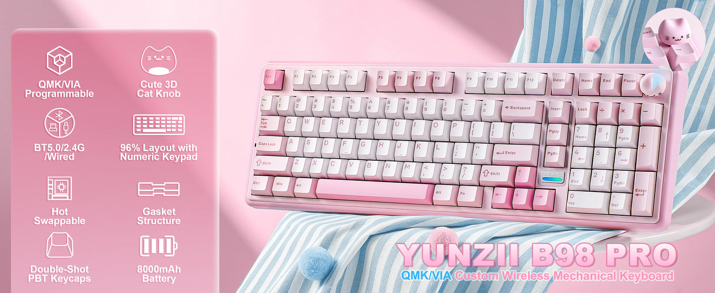 YUNZII B98 PRO QMK/VIA Wireless Mechanical Keyboard, 96% Layout Custom Gaming Keyboard, Hot-Swap Gasket RGB Keyboard for Win/Mac