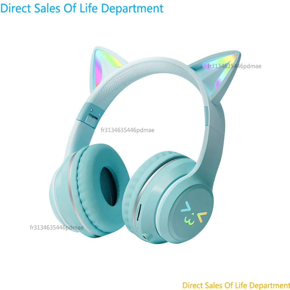 RGB Cat Ear Wireless Bluetooth Headphones for Kids & Girls, LED Light Stereo Gaming Headset with Microphone, Foldable Bluetooth Cat Ear Headphones