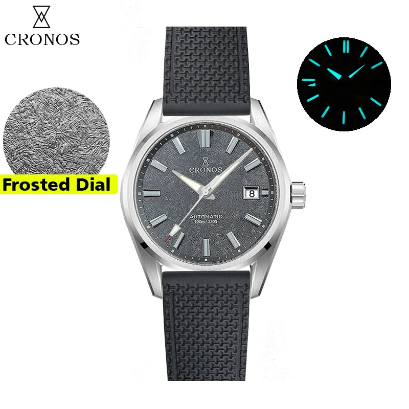 Cronos Men Watch 39mm Automatic Miyota 9015 Movement Wristwatches White Dial Birch Pattern Solid Links Sapphire 10 ATM L6040M