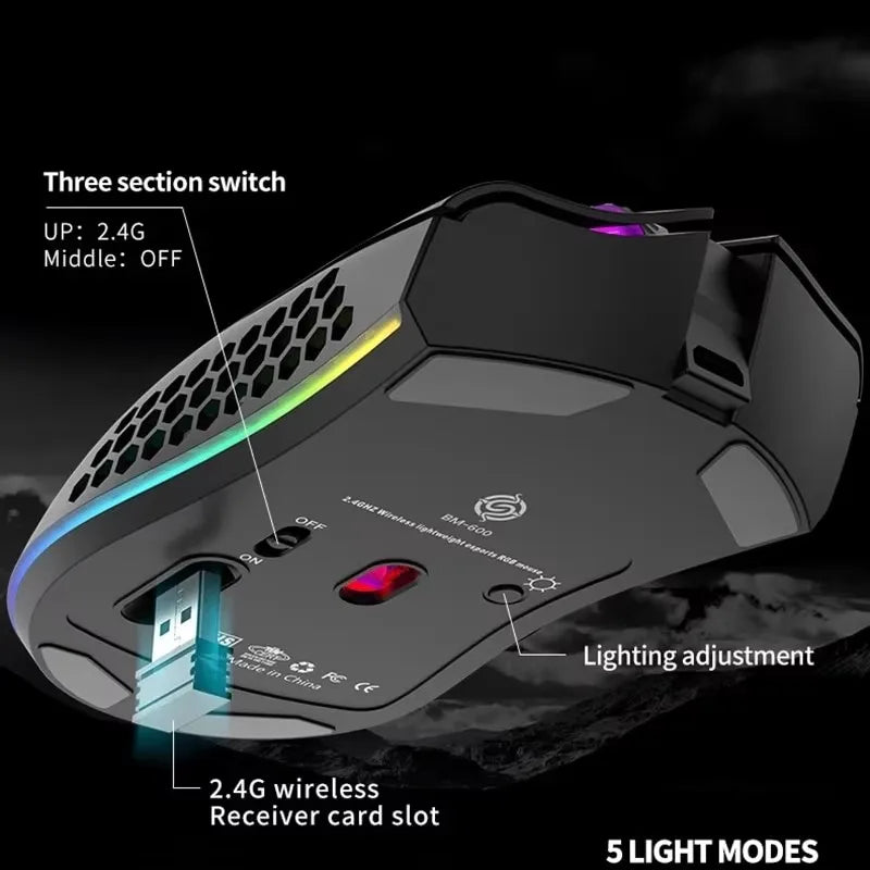 BM600 Rechargeable Wireless Gaming Mouse, 2.4G RGB Honeycomb Gaming Mouse with 12000 DPI, 7 Programmable Buttons, USB Gaming Mouse for PC & Laptop