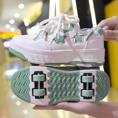 Chaussures de roller pour enfants - Roues rechargeables, couleurs tendance, finition brillante, pour les anniversaires, pour garçons et filles, chaussures décontractées deux-en-un