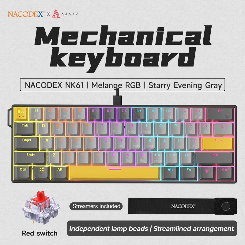 AJAZZ NK61 kabelgebundene mechanische Gaming-Tastatur 60% RGB Hot-Swappable 61 Tasten Red Switch Mini-Tastatur für Gamer-PC