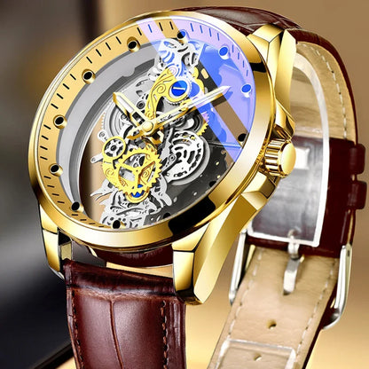 Modny zegarek męski, model z podwójnym otwieraniem, luksusowy złoty styl, imitacja mechanicznego tourbillonu, mechanizm kwarcowy.