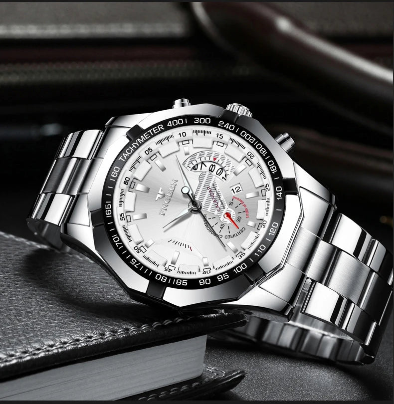 BINBOND luxury quartz wristwatch for men, luminous, water-resistant, automatic date, stainless steel
