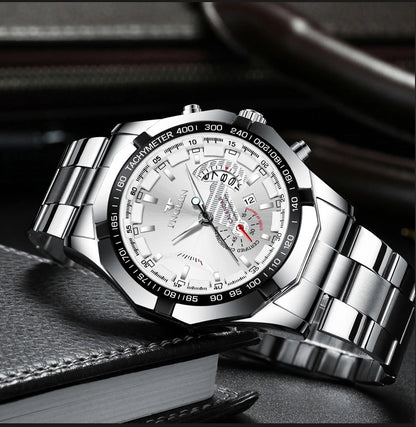 BINBOND luxury quartz wristwatch for men, luminous, water-resistant, automatic date, stainless steel