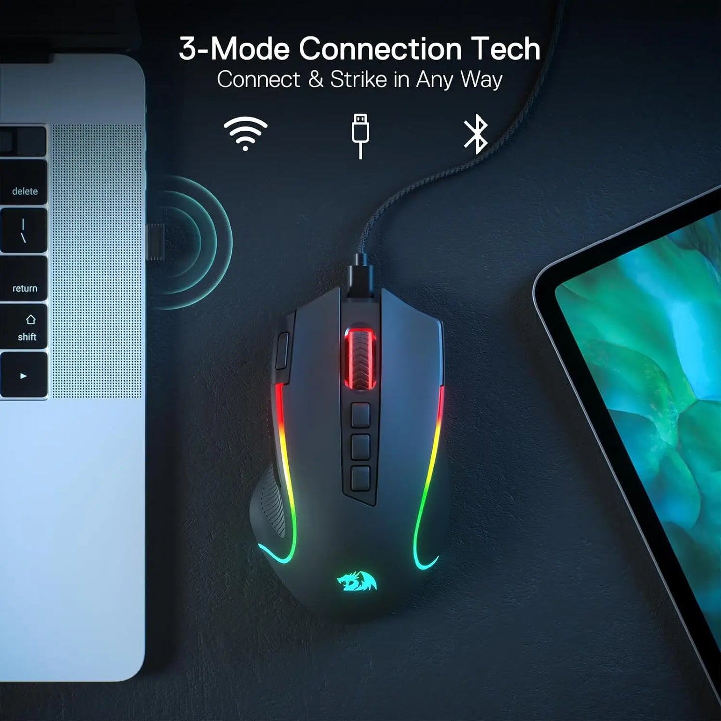 Redragon M612 PRO BT & 2.4RGB gamingmus, 8000 DPI trådbunden/trådlös optisk gamermus med 11 programmerbara knappar och 6 bakgrundsbelysta lägen