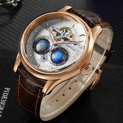 SEAKOSS Luxury Double Earth Rotating Men's Mechanical Watch Automatic Movement Waterproof Clock Pilots Men 1963 Flywheel Watches