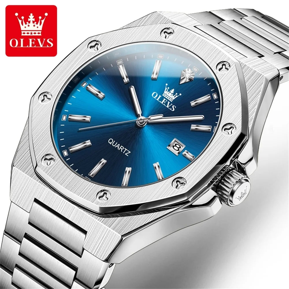 OLEVS Watches For Men Luxury Silver Blue Classic Quartz Watch for Man Waterproof Stainless Steel Luminous Reloj Hombre 2025