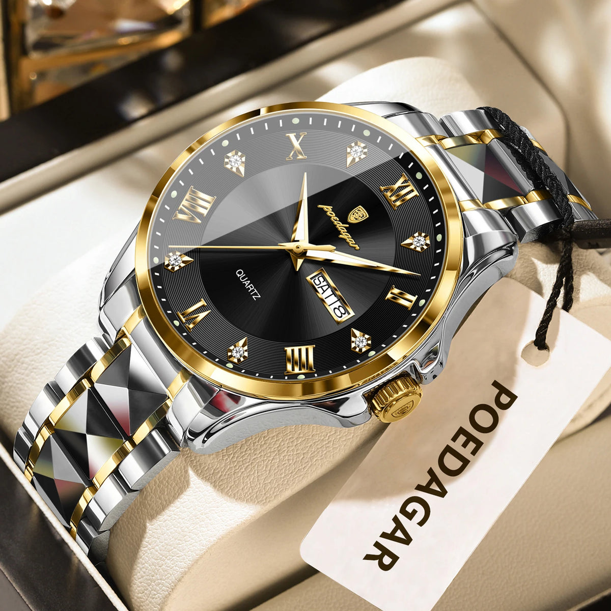Relógio de homem POEDAGAR, modelo de luxo original, estanque, luminoso, com indicação da data e do dia, estilo elegante, caixa em aço inoxidável, movimento de quartzo, ideal para o trabalho.