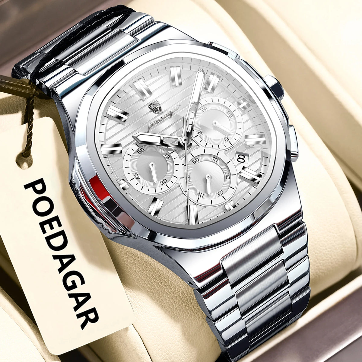Montre-bracelet homme d'affaires POEDAGAR, chronographe avec date, étanche et lumineuse, de luxe, en acier inoxydable et à quartz.