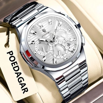 Montre-bracelet homme d'affaires POEDAGAR, chronographe avec date, étanche et lumineuse, de luxe, en acier inoxydable et à quartz.
