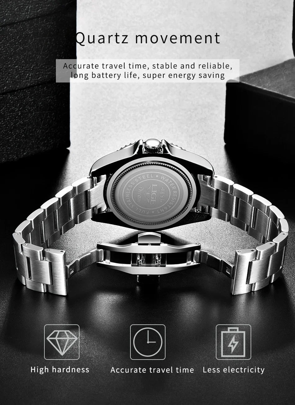 LIGE 2025 brand new men's watch luminous stainless steel business quartz luxury clock waterproof watches for men reloj hommes