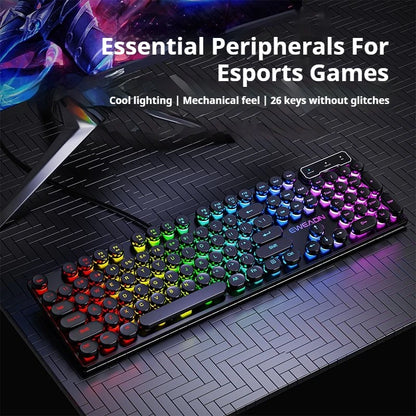 EWEADN GX330 Typewriter Gaming Keyboard 104 Keys Wired Retro Keyboard with RGB Backlit, Round Keycaps, USB Mechanical Style Keyboard for PC & Laptop