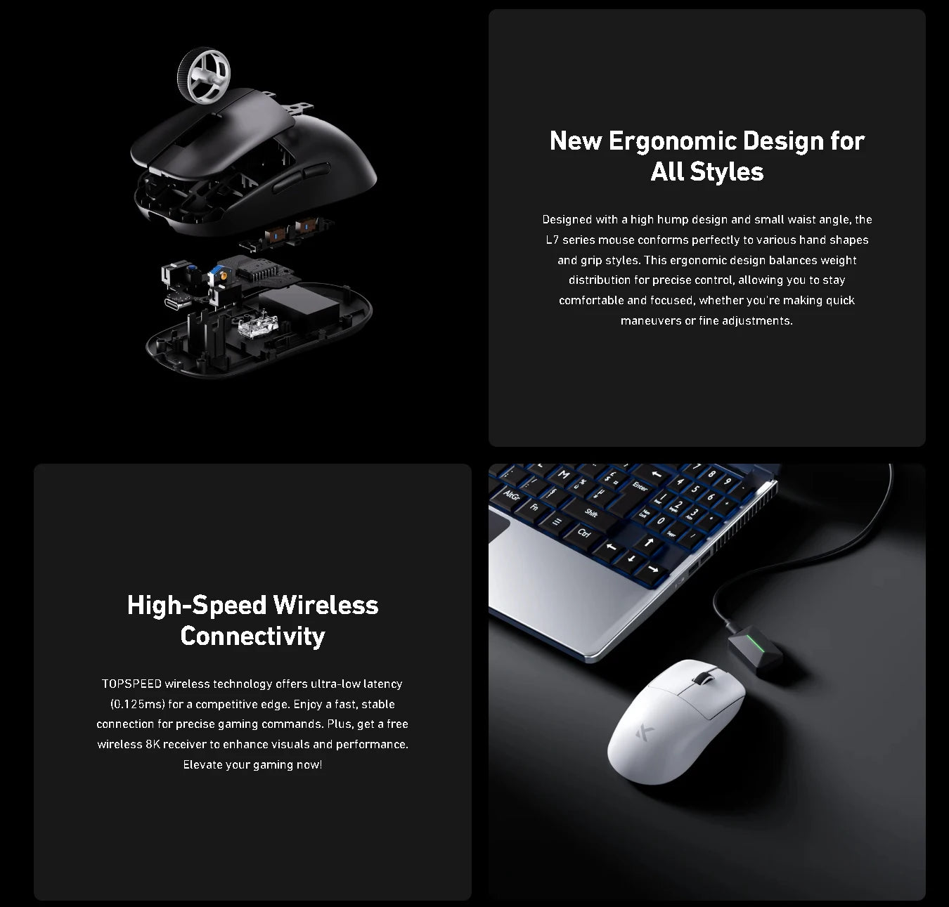 MCHOSE L7 Pro Wireless Gaming Mouse PAW3395, 8K Polling Rate, 39g Ultra-Lightweight Wireless Gaming Mouse with Bluetooth & 2.4GHz