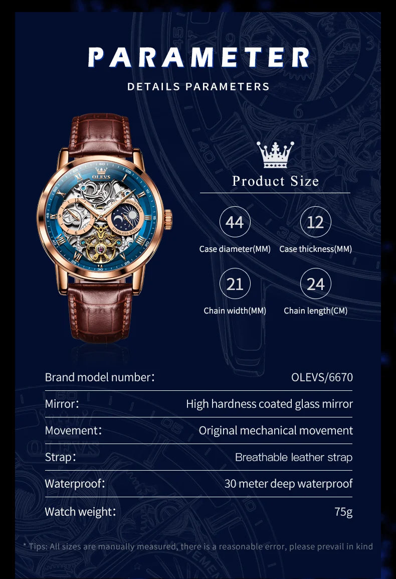 OLEVS Top Brand Men's Skeleton Mechanical Watch Waterproof Leather Strap Men Moon Phase Automatic Tourbillon Wristwatch for Men
