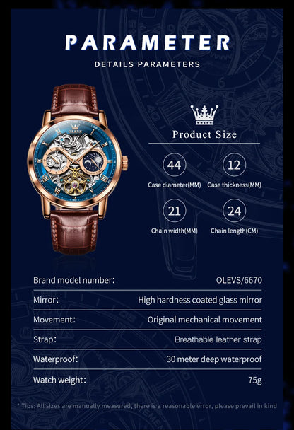 OLEVS Top Brand Men's Skeleton Mechanical Watch Waterproof Leather Strap Men Moon Phase Automatic Tourbillon Wristwatch for Men
