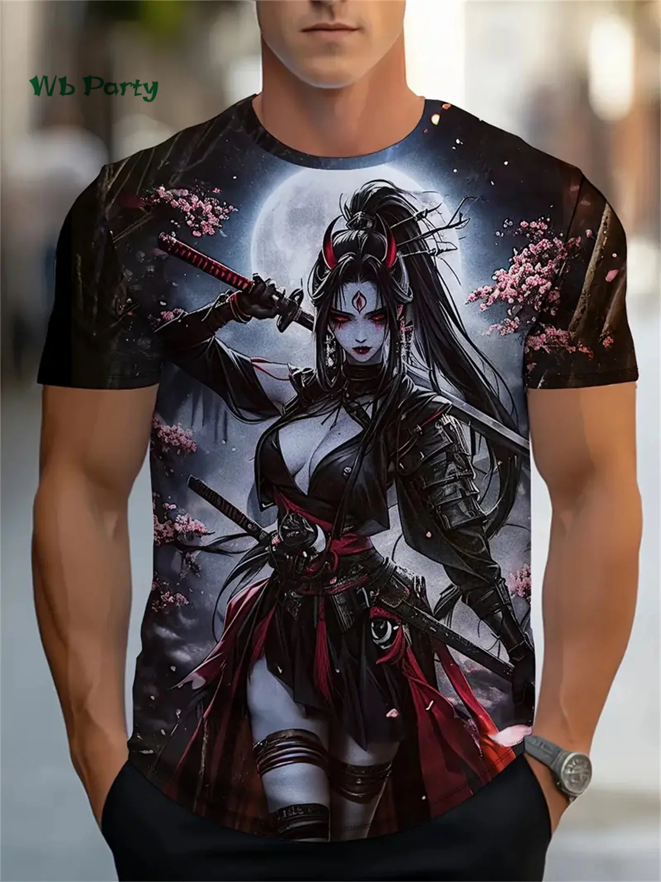 Sakura Samurai Pattern Men's T-Shirt Japanese Anime Short Sleeve T-Shirt Harajuku Tops Summer Men's Oversized Casual Clothing