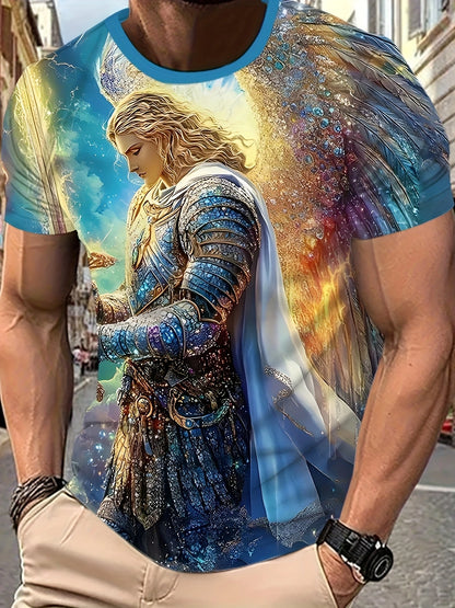 Mens 3d Angel Warrior Graphic T Shirt Golden Sword Design 3D Printed Tshirt For Men Clothes Wing Ornate Border Unisex Tee Tops
