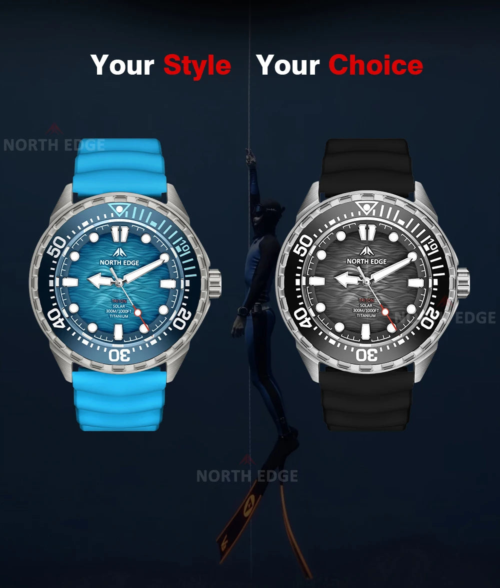 NORTH EDGE TRITON-TI Titanium Stainless Solar-Powered Diving Watch Luxury Quartz Watches For Men 300M Waterproof 180+ Day Power