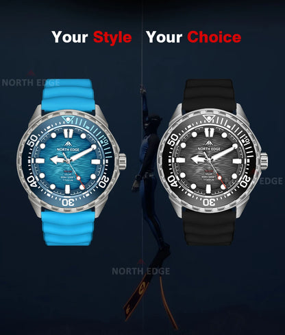 NORTH EDGE TRITON-TI Titanium Stainless Solar-Powered Diving Watch Luxury Quartz Watches For Men 300M Waterproof 180+ Day Power