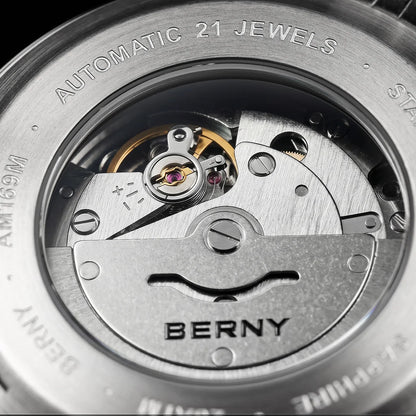 BERNY Men's Automatic Diver Watch Supper Luminous Sapphire AR Coated MlYOTA 8215 Leather Strap Mechanical Diving Watches for Men
