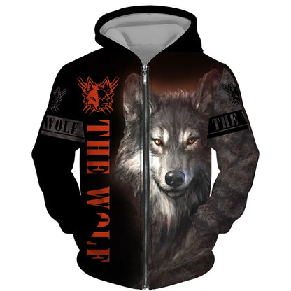 Sweat à capuz com fecho e estampado 3D de lobo, estilo streetwear, para homem/mulher, casaco com capuz unissexo casual hip-hop