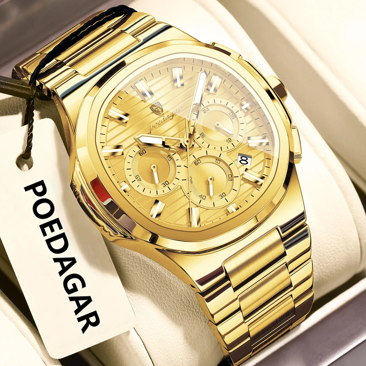 Montre-bracelet homme d'affaires POEDAGAR, chronographe avec date, étanche et lumineuse, de luxe, en acier inoxydable et à quartz.