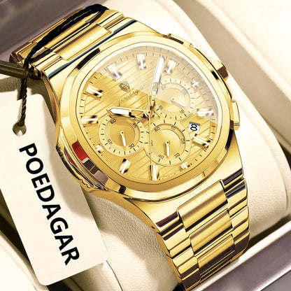 Montre-bracelet homme d'affaires POEDAGAR, chronographe avec date, étanche et lumineuse, de luxe, en acier inoxydable et à quartz.