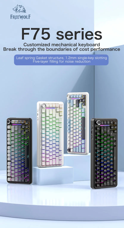 75% Hot Swap Gaming Keyboard Wireless FREEWOL F75 RGB Mechanical Keyboard with Metal Knobs AULA F75 Same Model,Tri-Mode,4000 mAh