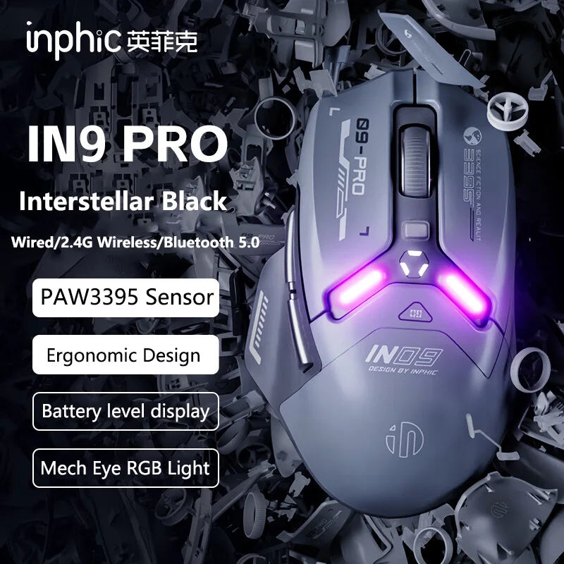 Inphic IN9PRO Wireless Gaming Mouse 26000 DPI Tri-Mode Bluetooth RGB Ergonomic Gaming Mouse with PAW3395 Sensor & 8K Polling Support