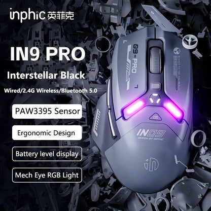 Inphic IN9PRO Wireless Gaming Mouse 26000 DPI Tri-Mode Bluetooth RGB Ergonomic Gaming Mouse with PAW3395 Sensor & 8K Polling Support