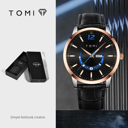 TOMI quartz watch, business-style and elegant, with a leather strap, alloy case and analogue dial – High-end design, a gift idea for men