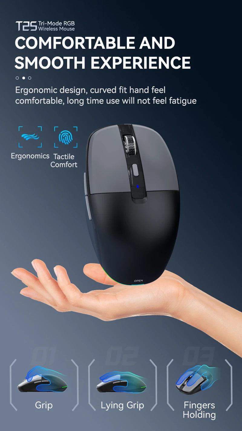Tri-Mode Wireless Mouse with Dual USB & Type-C Receivers, Bluetooth 5.1 Rechargeable Silent RGB Mouse for Laptop, PC, Mac, Android & iOS