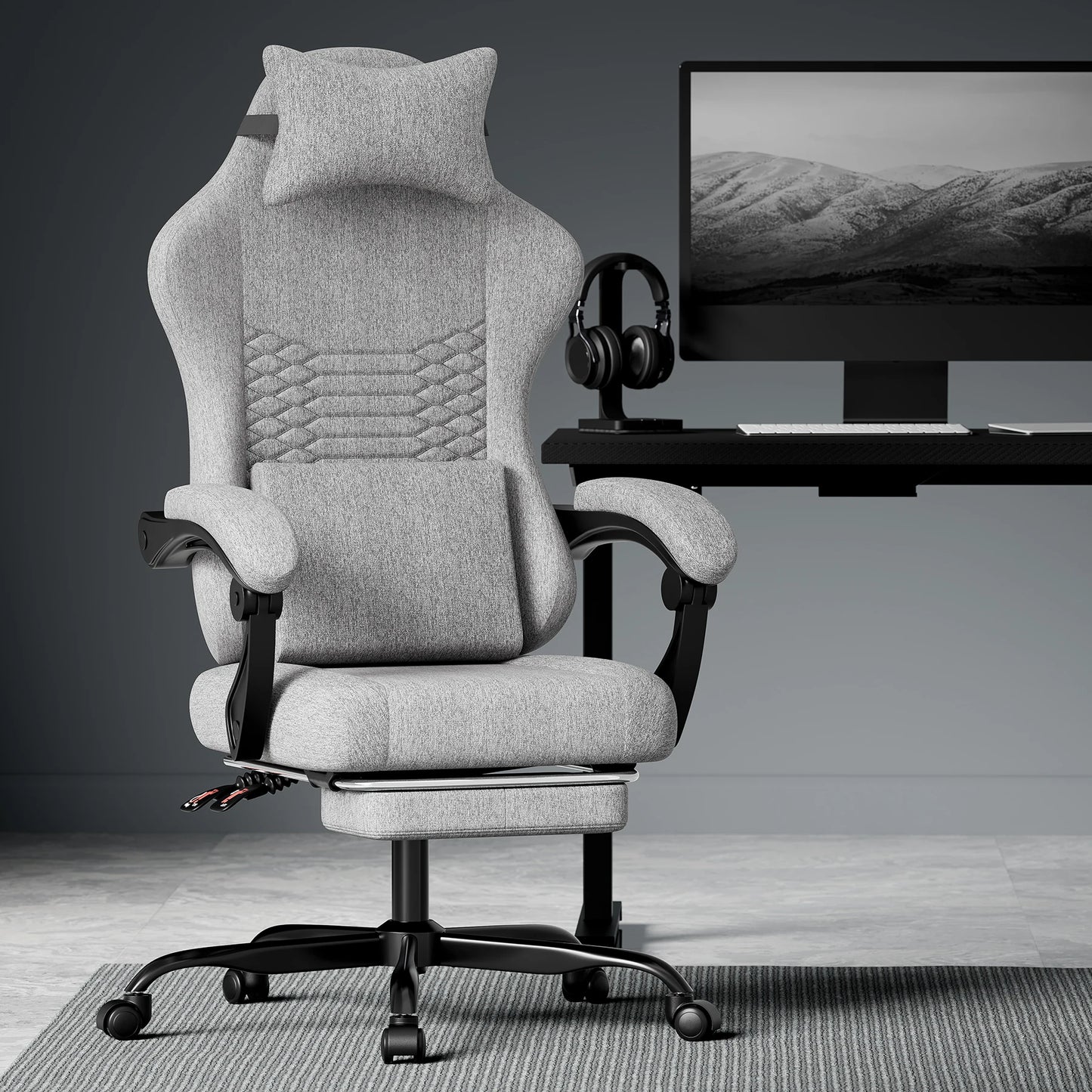 Dark Gray Fabric Gaming Chair Ergonomic Racing Office Chair with Massage, Footrest, Adjustable Headrest & Lumbar Support for PC Gaming
