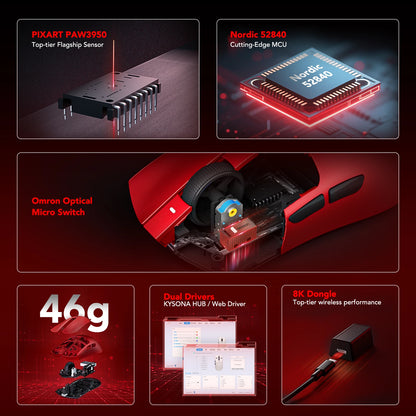 KYSONA Jupiter-serien gamingmus trådbunden/trådlös mus 8Khz PAW3950-sensor Bluetooth 46g uppladdningsbar webbdrivrutin för PC och laptop