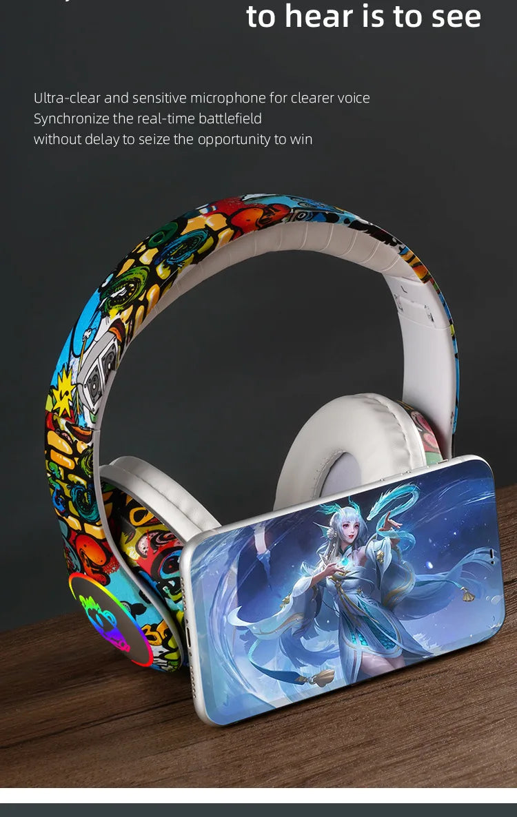 Auriculares gaming Bluetooth inalámbricos New Graffiti LX-8686 con micrófono, luz LED, compatibilidad con tarjeta TF, graves profundos y diseño circumaural para PC, gaming y niños