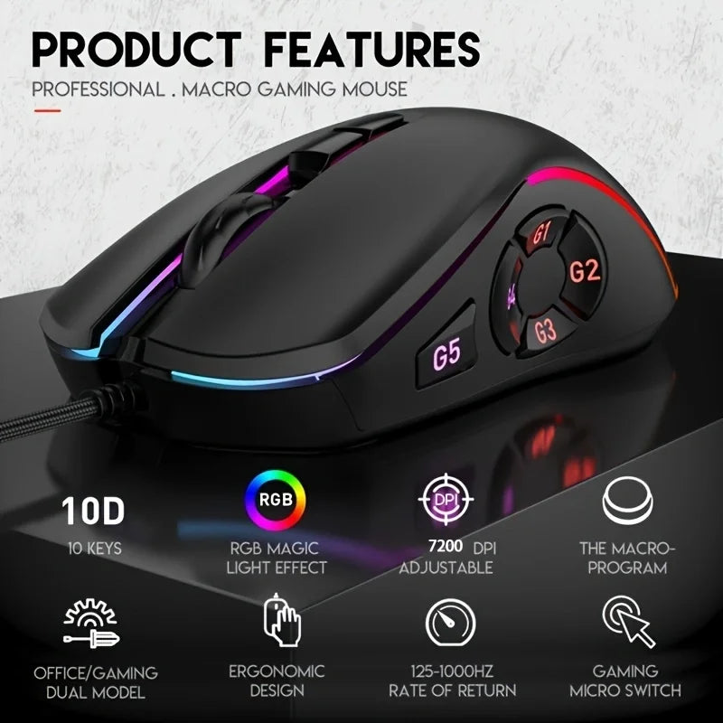 JOMAA X9 RGB Gaming Mouse, 10 Programmable Macro Wired Gaming Mouse, 12800 DPI RGB Wired Mouse for PC, Laptop, FPS, MOBA & Office