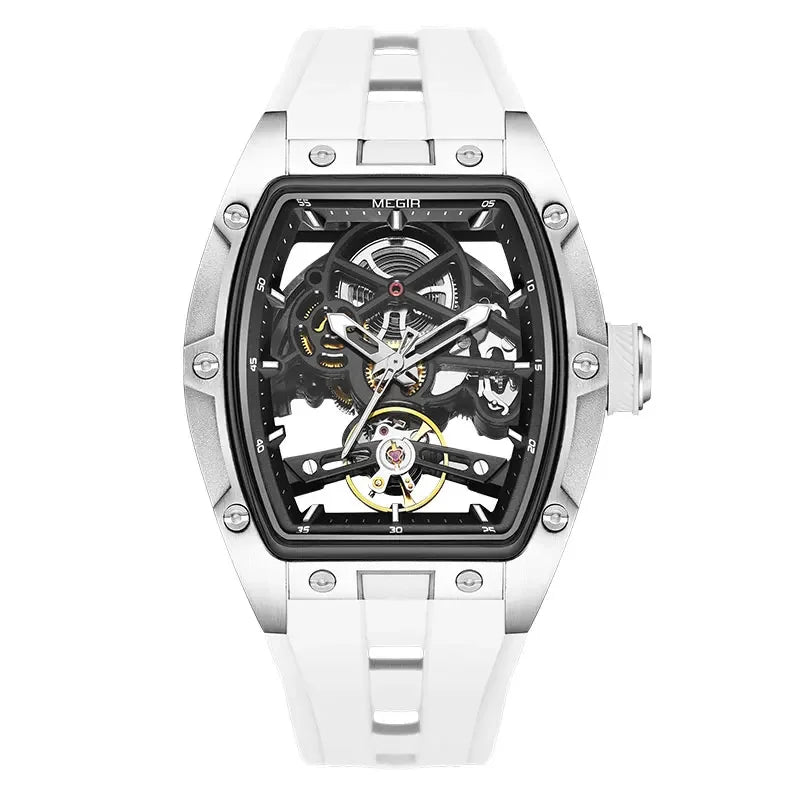 MEGIR Automatic Wristwatch Men Fashion Black Silicone Strap Wateproof Luminous Sport Mechanical Watch with Tonneau Dial 2242