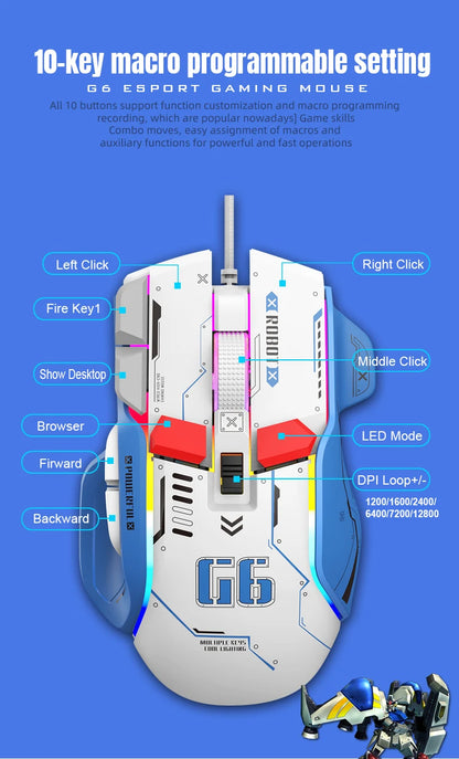 HXSJ Programmable Gaming Mouse Wired 12800 DPI RGB Gaming Mouse with 12 Programmable Buttons, Ergonomic Wired Gaming Mouse for PC, Laptop & Windows