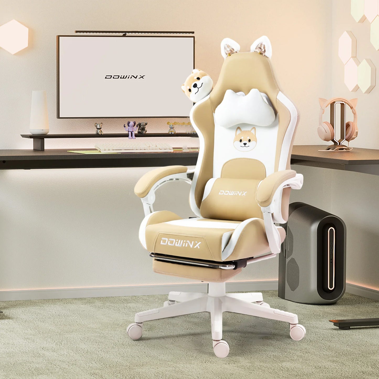 Uroczy fotel gamingowy z kocimi uszami i podnóżkiem, różowy fotel komputerowy kawaii, ergonomiczne siedzisko dla gracza z wysokim oparciem i podparciem lędźwiowym w kształcie kociej łapki