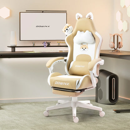 Uroczy fotel gamingowy z kocimi uszami i podnóżkiem, różowy fotel komputerowy kawaii, ergonomiczne siedzisko dla gracza z wysokim oparciem i podparciem lędźwiowym w kształcie kociej łapki