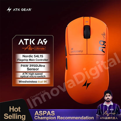 ATK Dragonfly A9 Ultimate vezeték nélküli gaming egér A9 Air PAW3950, ultrakönnyű ergonomikus e-sport gamer FPS egér CSGO-hoz A9 Ultra