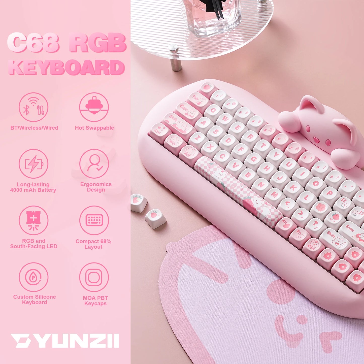 YUNZII C68 Wireless Gaming Keyboard, 65% Hot Swappable Mechanical Keyboard with RGB Backlit, Tri-Mode Bluetooth Gaming Keyboard, Cute Cat Ergonomic Keyboard