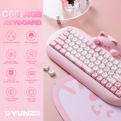 YUNZII C68 Wireless Gaming Keyboard, 65% Hot Swappable Mechanical Keyboard with RGB Backlit, Tri-Mode Bluetooth Gaming Keyboard, Cute Cat Ergonomic Keyboard