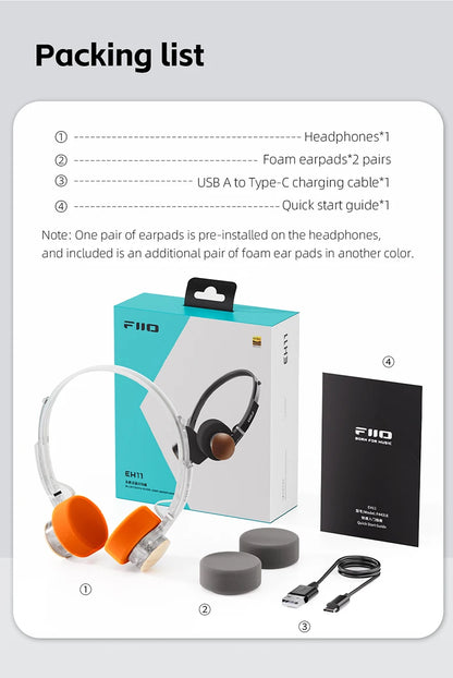 FIIO EH11 On-Ear Bluetooth Headphones – Hi-Res LDAC Wireless Bass Headset, 30H Battery, Dual Device Connection & Lightweight Retro Design