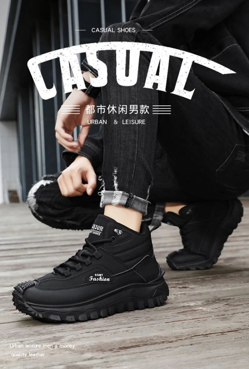 Botas de senderismo de caña media para hombre, en blanco y negro, de cuero impermeable, con plataforma, zapatillas antideslizantes para exterior, calzado informal con suela resistente
