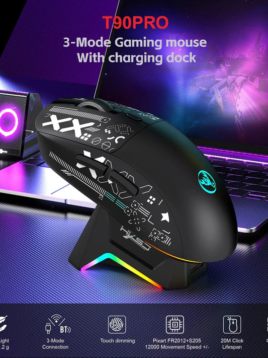 RGB Wireless Gaming Mouse with Charging Dock, 3-Mode Bluetooth & 2.4G Rechargeable Silent Gaming Mouse for PC, Laptop & Mac