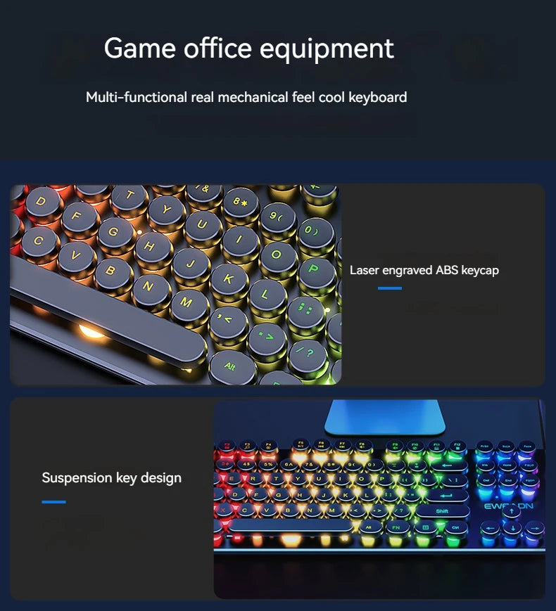 EWEADN GX330 Typewriter Gaming Keyboard 104 Keys Wired Retro Keyboard with RGB Backlit, Round Keycaps, USB Mechanical Style Keyboard for PC & Laptop