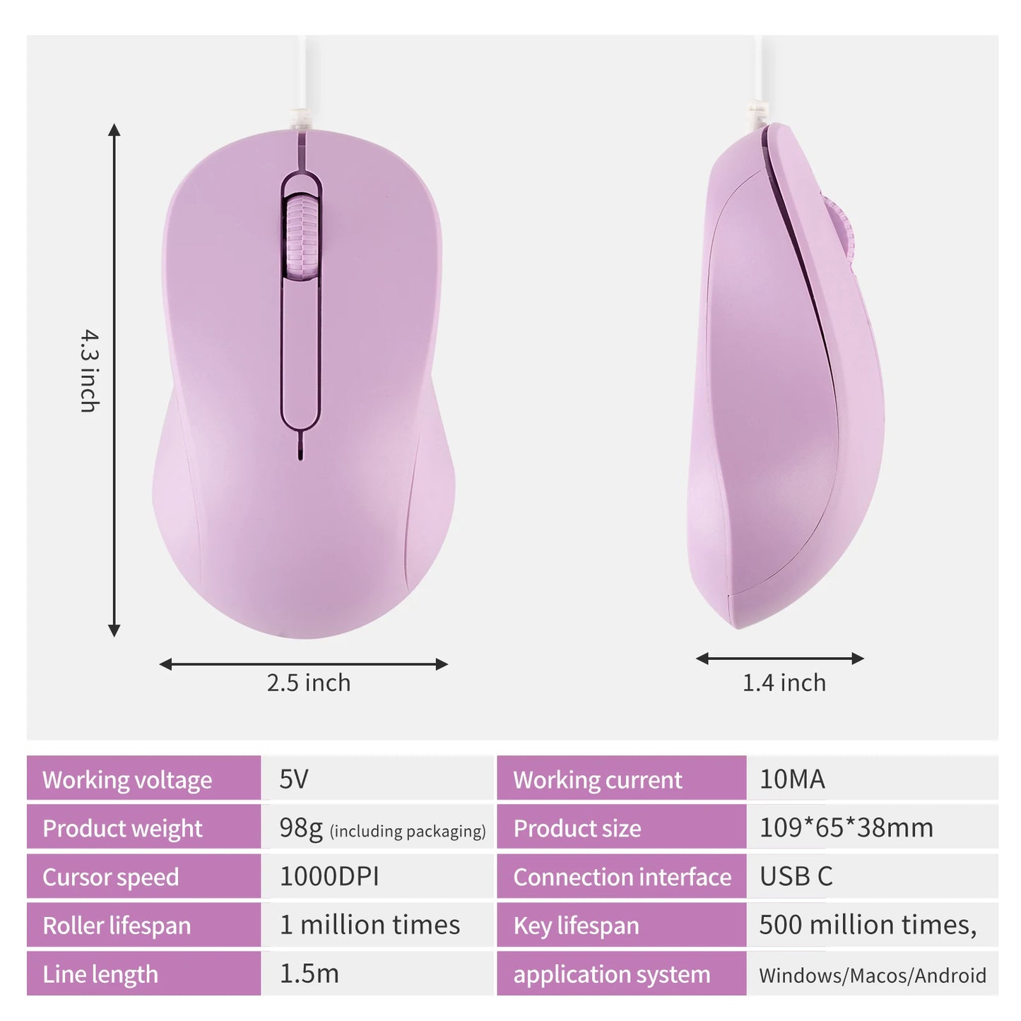 Silent 3D USB-C Wired Mouse, Ergonomic Optical Mouse 1000 DPI for PC, Laptop, MacBook, Tablet & Phone, Silent USB-C Computer Mouse for Windows, macOS & Android