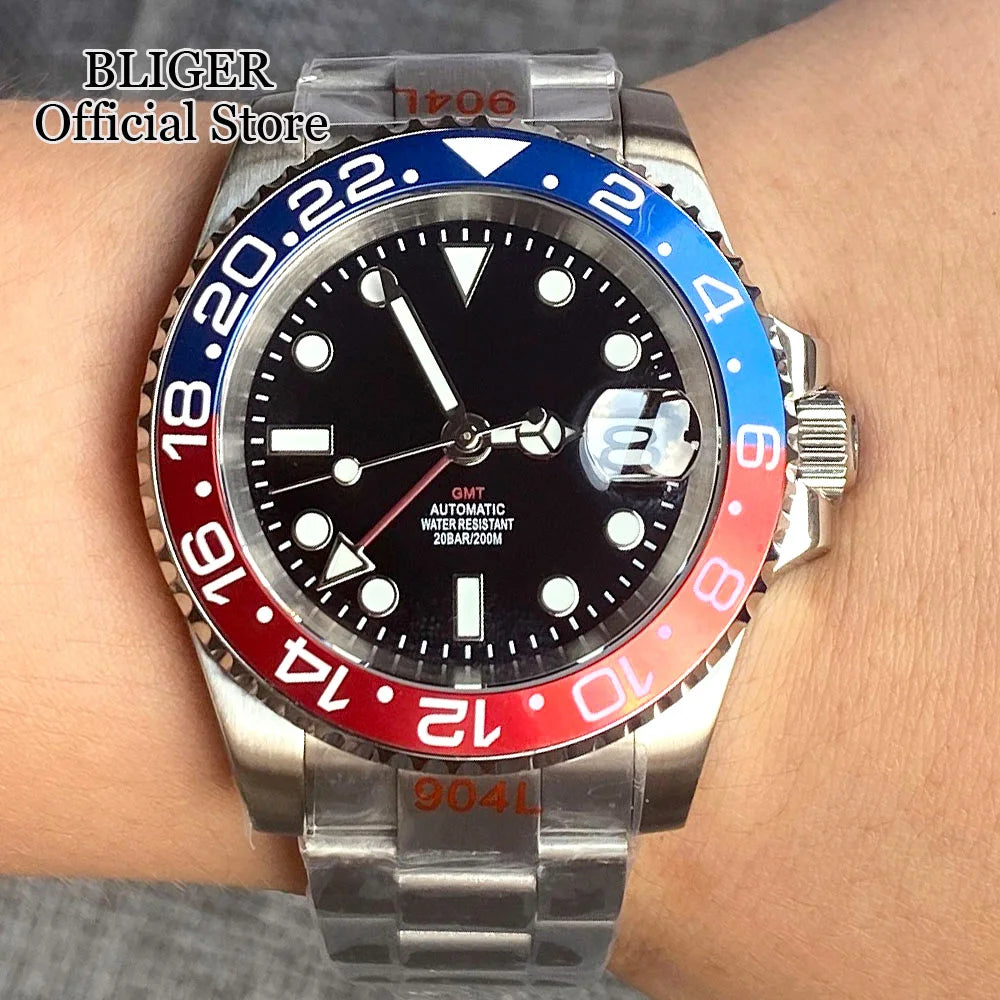 NH34A 200M Waterproof 40mm NH34 GMT Sapphire Luminous Automatic Movement Diving Watch Men Steel Bracelet Black Grey Insert